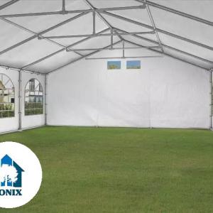 Premium rendezvénysátor és partisátor 5 × 10 m – 50 m², fehér PE ponyvával, erősített horganyzott acélvázzal, padlókerettel és tetőerősítéssel