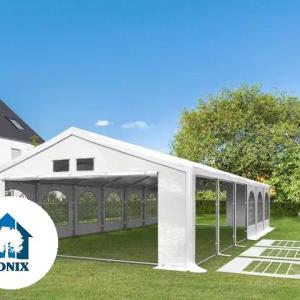 Premium rendezvénysátor és partisátor 5 × 10 m – 50 m², fehér PE ponyvával, erősített horganyzott acélvázzal, padlókerettel és tetőerősítéssel