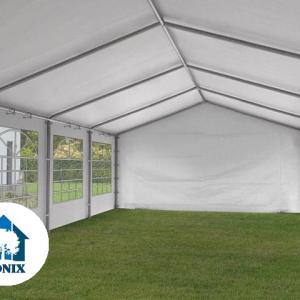 Premium rendezvénysátor, parti sátor 5 × 10 m – 50 m², fehér vízálló PE ponyvával és horganyzott acélvázzal