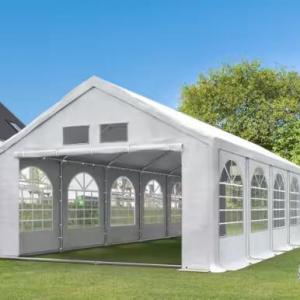Premium rendezvénysátor, sörsátor és parti sátor 4 × 8 m – 32 m², fehér, 100%-ban vízálló PE ponyvával, horganyzott acélvázzal, padlókerettel és tetőerősítéssel