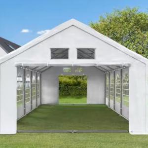 Premium rendezvénysátor, sörsátor és parti sátor 4 × 8 m – 32 m², fehér, 100%-ban vízálló PE ponyvával, horganyzott acélvázzal, padlókerettel és tetőerősítéssel
