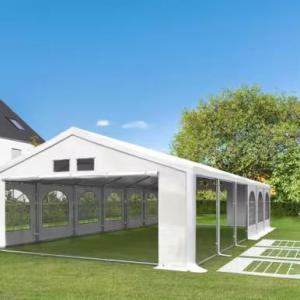 Premium rendezvénysátor, sörsátor és parti sátor 4 × 8 m – 32 m², fehér, 100%-ban vízálló PE ponyvával, horganyzott acélvázzal, padlókerettel és tetőerősítéssel