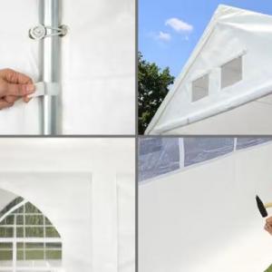 Premium rendezvénysátor, sörsátor és parti sátor 4 × 8 m – 32 m², fehér, 100%-ban vízálló PE ponyvával, horganyzott acélvázzal, padlókerettel és tetőerősítéssel