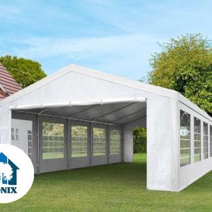 Premium rendezvénysátor, sörsátor és parti sátor 4 × 8 m – 32 m², fehér, vízálló  PE ponyvával, horganyzott acélvázzal