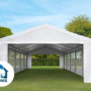 Premium rendezvénysátor, sörsátor és parti sátor 4 × 8 m – 32 m², fehér, vízálló  PE ponyvával, horganyzott acélvázzal