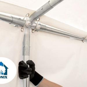 Professzionáis  raktársátor, tároló sátor 6x22 m ponyva lángálló PVC fehér  erősített szerkezettel padlókerettel +2,6 m oldalmagasság