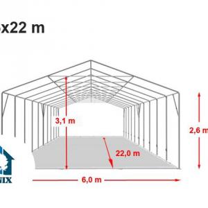 Professzionáis  raktársátor, tároló sátor 6x22 m ponyva tűzálló PVC fehér  erősített szerkezettel padlókerettel +2,6 m oldalmagasság