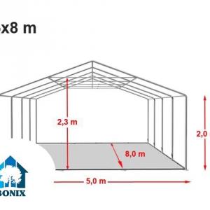 Professzionáli rendezvénysátor 5x8m, ponyva tűzálló PVC  szürke-fehér erősített szerkezettel