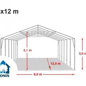 Professzionális 6x12m raktársátor 3,6 m oldalmagasság, cipzáras kapuval és tetőablakkal, ponyva PVC szürke