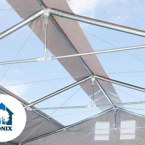 Professzionális 8x12m raktársátor 3,6 m oldalmagasság, felhúzható kapuval és tetőablakkal, ponyva PVC szürke