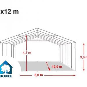 Professzionális 8x12m raktársátor 3,6 m oldalmagasság, felhúzható kapuval és tetőablakkal, ponyva PVC szürke