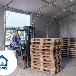 Professzionális 8x12m raktársátor 3,6 m oldalmagasság, felhúzható kapuval és tetőablakkal, ponyva PVC szürke