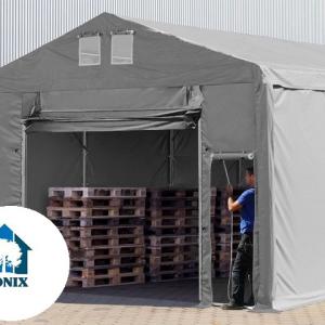 Professzionális 8x12m raktársátor 3,6 m oldalmagasság, felhúzható kapuval és tetőablakkal, ponyva PVC szürke