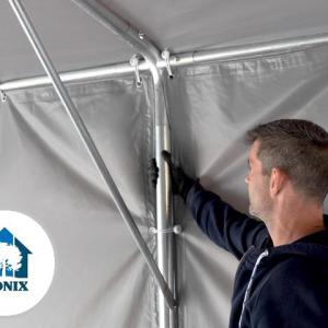 Professzionális 8x16m raktársátor 3,00m oldalmagasság, felhúzható kapuval  PVC 550g/m2 szürke