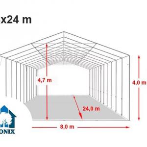 Professzionális 8x24m raktársátor4,00 m oldalmagasság, felhúzható kapuval és tetőablakkal, ponyva PVC szürke
