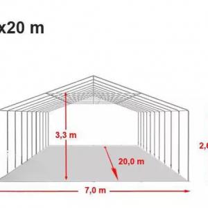Professzionális extra erős, lángálló rendezvény- és fesztiválsátor 7 × 20 m, 140 m², PVC ponyvával, 2,60 m oldalmagassággal, megerősített horganyzott acélszerkezettel és padlókerettel – fehér