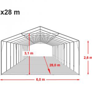 Professzionális extra erős, lángálló rendezvény- és partisátor 6 × 28 m, 168 m², fehér PVC ponyvával, 2,6 m oldalmagassággal, Ø 50 mm-es erősített horganyzott acélvázzal és padlókerettel