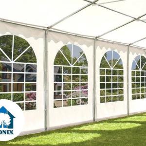 Professzionális extra erős, lángálló rendezvény- és partisátor 6 × 6 m, 36 m², fehér PVC ponyvával, 2,6 m oldalmagassággal, Ø 50 mm-es erősített horganyzott acélvázzal és padlókerettel