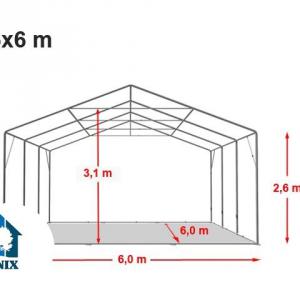 Professzionális extra erős, lángálló rendezvény- és partisátor 6 × 6 m, 36 m², fehér PVC ponyvával, 2,6 m oldalmagassággal, Ø 50 mm-es erősített horganyzott acélvázzal és padlókerettel