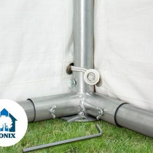Professzionális extra erős, lángálló rendezvény- és partisátor 6 × 6 m, 36 m², fehér PVC ponyvával, 2,6 m oldalmagassággal, Ø 50 mm-es erősített horganyzott acélvázzal és padlókerettel