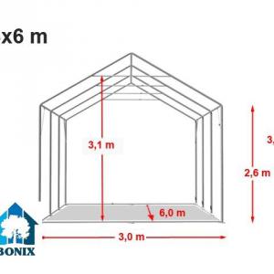 Professzionális extra erős, lángálló rendezvénysátor 3 × 6 m, 18 m², fehér PVC ponyvával, 2,6 m oldalmagassággal, Ø 50 mm-es erősített horganyzott acélvázzal és padlókerettel