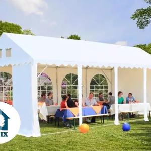 Professzionális extra erős, lángálló rendezvénysátor 4 × 12 m, 48 m², fehér PVC ponyvával, 2,6 m oldalmagassággal, Ø 50 mm-es erősített horganyzott acélvázzal és padlókerettel