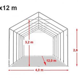 Professzionális extra erős, lángálló rendezvénysátor 4 × 12 m, 48 m², fehér PVC ponyvával, 2,6 m oldalmagassággal, Ø 50 mm-es erősített horganyzott acélvázzal és padlókerettel