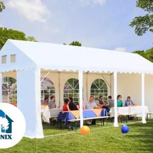Professzionális extra erős lángálló rendezvénysátor 4 × 6 m, 24 m², fehér PVC ponyvával, 2,6 m oldalmagassággal, Ø 50 mm-es erősített horganyzott acélvázzal és padlókerettel