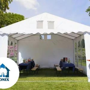 Professzionális extra erős lángálló rendezvénysátor 4 × 6 m, 24 m², fehér PVC ponyvával, 2,6 m oldalmagassággal, Ø 50 mm-es erősített horganyzott acélvázzal és padlókerettel