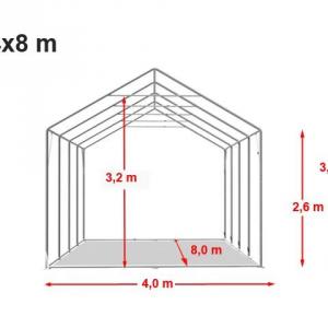 Professzionális extra erős, lángálló rendezvénysátor 4 × 8 m, 32 m², fehér PVC ponyvával, 2,6 m oldalmagassággal, Ø 50 mm-es erősített horganyzott acélvázzal és padlókerettel