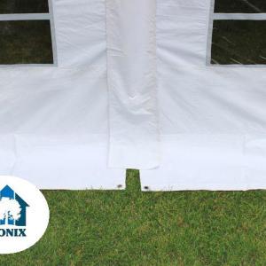 Professzionális extra erős, lángálló rendezvénysátor 4 × 8 m, 32 m², fehér PVC ponyvával, 2,6 m oldalmagassággal, Ø 50 mm-es erősített horganyzott acélvázzal és padlókerettel