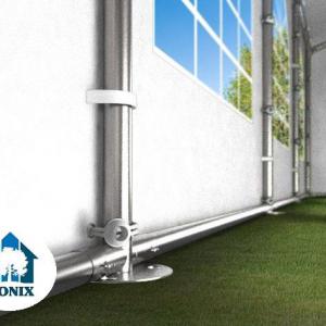 Professzionális extra erős, lángálló rendezvénysátor 4 × 8 m, 32 m², fehér PVC ponyvával, 2,6 m oldalmagassággal, Ø 50 mm-es erősített horganyzott acélvázzal és padlókerettel