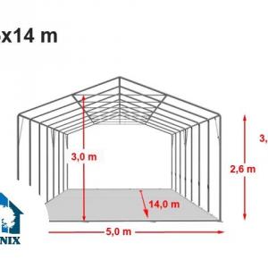 Professzionális extra erős, lángálló rendezvénysátor 5 × 14 m, 70 m², fehér PVC ponyvával, 2,6 m oldalmagassággal, Ø 50 mm-es erősített horganyzott acélvázzal és padlókerettel