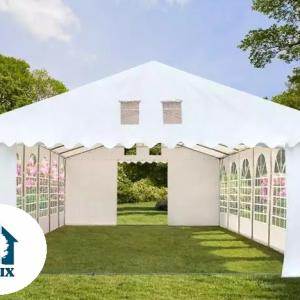 Professzionális extra erős, lángálló rendezvénysátor 5 × 16 m, 80 m², fehér PVC ponyvával, 2,6 m oldalmagassággal, Ø 50 mm-es erősített horganyzott acélvázzal és padlókerette