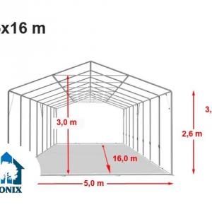 Professzionális extra erős, lángálló rendezvénysátor 5 × 16 m, 80 m², fehér PVC ponyvával, 2,6 m oldalmagassággal, Ø 50 mm-es erősített horganyzott acélvázzal és padlókerette