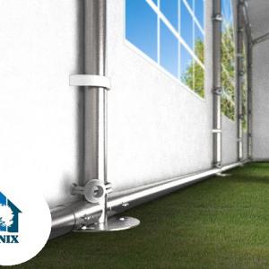 Professzionális extra erős, lángálló rendezvénysátor 5 × 16 m, 80 m², fehér PVC ponyvával, 2,6 m oldalmagassággal, Ø 50 mm-es erősített horganyzott acélvázzal és padlókerette