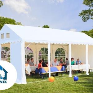 Professzionális extra erős, lángálló rendezvénysátor 5 × 6 m, 30 m², fehér PVC ponyvával, 2,6 m oldalmagassággal, Ø 50 mm-es erősített horganyzott acélvázzal és padlókerettel