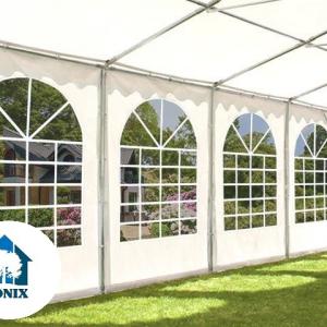 Professzionális extra erős, lángálló rendezvénysátor 5 × 6 m, 30 m², fehér PVC ponyvával, 2,6 m oldalmagassággal, Ø 50 mm-es erősített horganyzott acélvázzal és padlókerettel