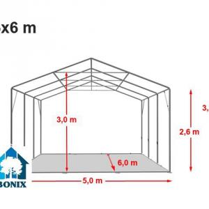 Professzionális extra erős, lángálló rendezvénysátor 5 × 6 m, 30 m², fehér PVC ponyvával, 2,6 m oldalmagassággal, Ø 50 mm-es erősített horganyzott acélvázzal és padlókerettel