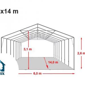 Professzionális extra erős, lángálló rendezvénysátor 6 × 14 m, 84 m², fehér PVC ponyvával, 2,6 m oldalmagassággal, Ø 50 mm-es erősített horganyzott acélvázzal és padlókerettel
