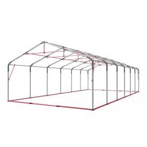 Professzionális extra erős, lángálló rendezvénysátor 6 × 18 m, 108 m², fehér PVC ponyvával, 2,6 m oldalmagassággal, Ø 50 mm-es erősített horganyzott acélvázzal és padlókerettel