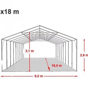 Professzionális extra erős, lángálló rendezvénysátor 6 × 18 m, 108 m², fehér PVC ponyvával, 2,6 m oldalmagassággal, Ø 50 mm-es erősített horganyzott acélvázzal és padlókerettel