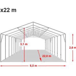 Professzionális extra erős, lángálló rendezvénysátor 6 × 22 m, 132 m², fehér PVC ponyvával, 2,6 m oldalmagassággal, Ø 50 mm-es erősített horganyzott acélvázzal és padlókerettel