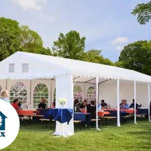 Professzionális extra erős, lángálló rendezvénysátor 6 × 24 m, 144 m², fehér PVC ponyvával, 2,6 m oldalmagassággal, Ø 50 mm-es erősített horganyzott acélvázzal és padlókerettel