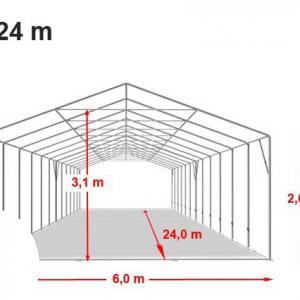 Professzionális extra erős, lángálló rendezvénysátor 6 × 24 m, 144 m², fehér PVC ponyvával, 2,6 m oldalmagassággal, Ø 50 mm-es erősített horganyzott acélvázzal és padlókerettel