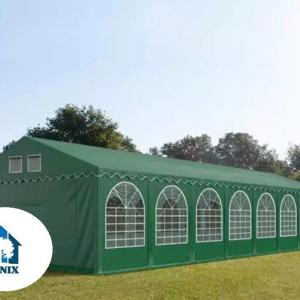 Professzionális extra erős, lángálló rendezvénysátor 6 × 24 m, 144 m², fehér PVC ponyvával, 2,6 m oldalmagassággal, Ø 50 mm-es erősített horganyzott acélvázzal és padlókerettel