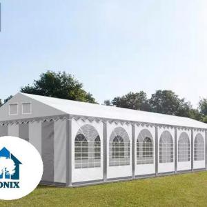 Professzionális extra erős, lángálló rendezvénysátor 6 × 24 m, 144 m², fehér PVC ponyvával, 2,6 m oldalmagassággal, Ø 50 mm-es erősített horganyzott acélvázzal és padlókerettel