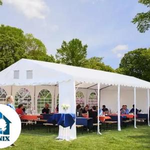 Professzionális extra erős, lángálló rendezvénysátor 6 × 8 m, 48 m², fehér PVC ponyvával, 2,6 m oldalmagassággal, Ø 50 mm-es erősített horganyzott acélvázzal és padlókerettel