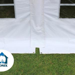 Professzionális extra erős, lángálló rendezvénysátor 6 × 8 m, 48 m², fehér PVC ponyvával, 2,6 m oldalmagassággal, Ø 50 mm-es erősített horganyzott acélvázzal és padlókerettel