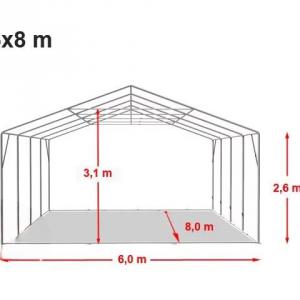 Professzionális extra erős, lángálló rendezvénysátor 6 × 8 m, 48 m², fehér PVC ponyvával, 2,6 m oldalmagassággal, Ø 50 mm-es erősített horganyzott acélvázzal és padlókerettel